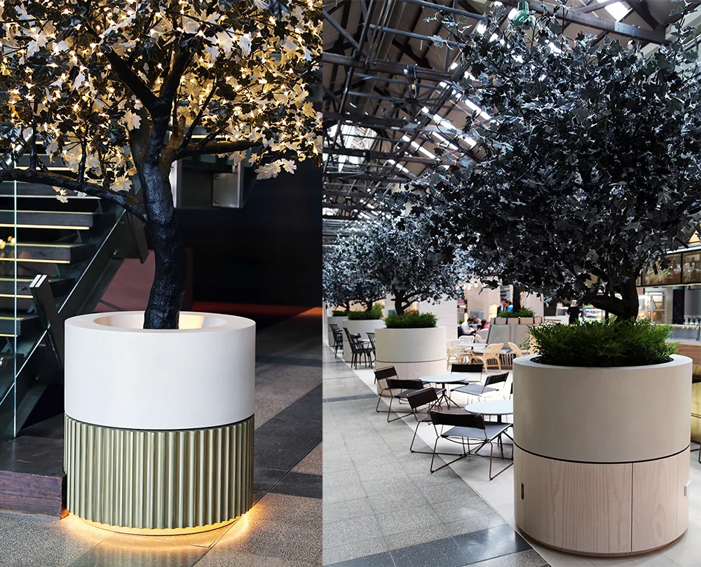Ovolo Hotel | Brass Hicut Tarnish & Concrete Shale Planters