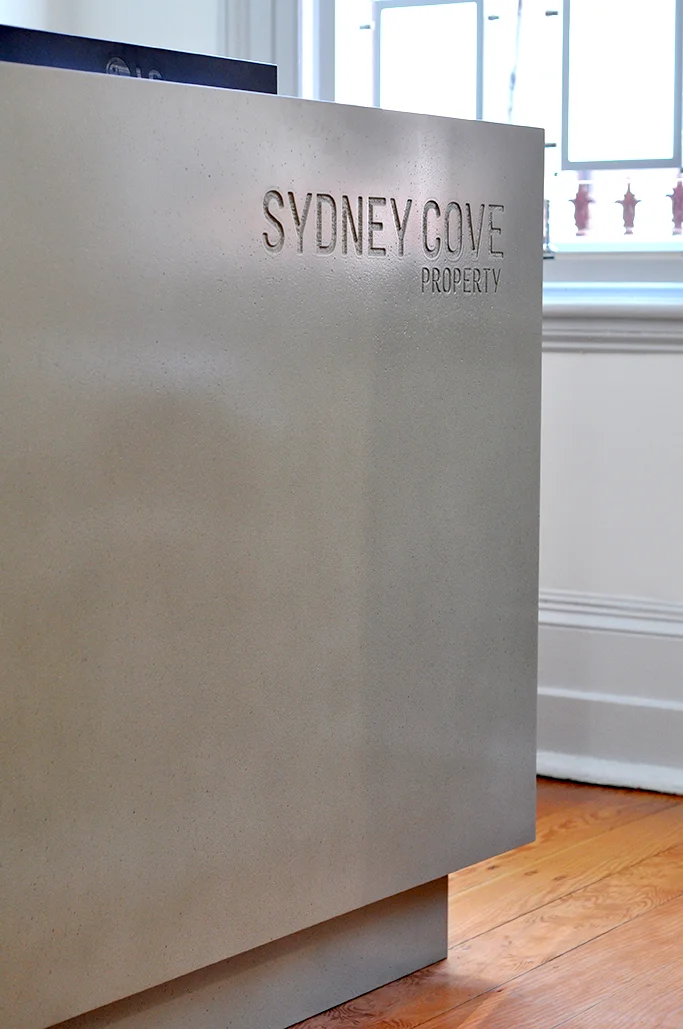 Sydney Cove Counter | Dark Shale Concrete | Carved Logo