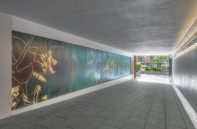 Pamela See Mirvac Tunnel Artwork | Low Iron Frost Glass LINK with Copper Pseudo Smooth Verdigris
